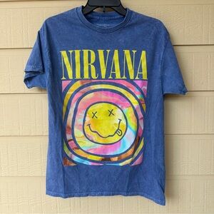 NIRVANA Blue Tee with Vibrant Smiley Design